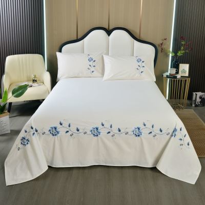 外贸米色纯棉青翠刺绣花床单枕套三件套床上用品高档家居白色简约