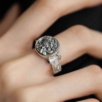 藏族唐草纹绿色锆石戒指小众复古设计女时尚个性潮流做旧百搭指环