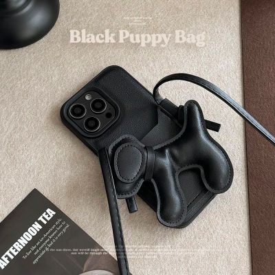 黑色DIY小狗斜跨卡包适用苹果15手机壳iPhone14pro max网红13皮质