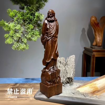 手工木雕刻达摩祖师佛像摆件室内客厅禅意玄关装饰桌面招财工艺品