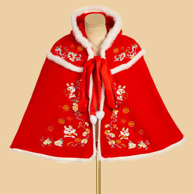 汉服儿童女童冬季新款兔子刺绣加绒披风斗篷唐装中国女孩拜年服