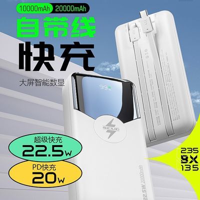 飞毛腿移动电源适用于苹果22.5W双向快充带线充电宝便携1万