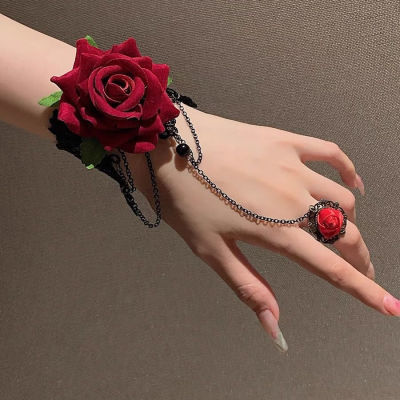 手链玫瑰新款饰品时尚花朵万圣节复古蕾丝戒指一体手饰演出配饰女