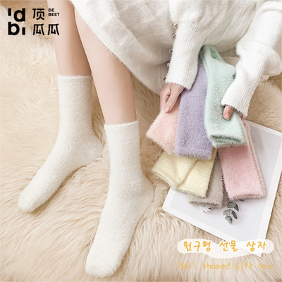 顶瓜瓜袜子女士中筒袜秋冬季糖果色甜美睡眠袜加绒加厚保暖地板袜
