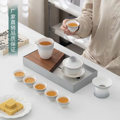 简约中国风功夫茶具羊脂玉描金轻奢盖碗茶杯泡茶整套茶具套装礼盒