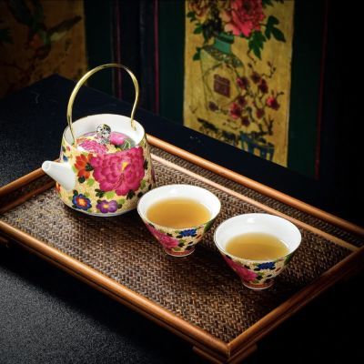 掐丝金丝珐琅牡丹花提梁整套陶瓷一壶两杯家用功夫茶具日式田园