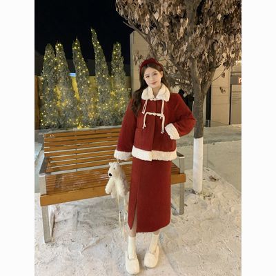 秋冬新年圣诞战袍酒红色毛呢套装短款半身裙子长裙长袖外套两件套