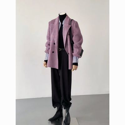 高级紫色双面羊绒大衣2023秋冬新款西装今年短款流行羊毛外套