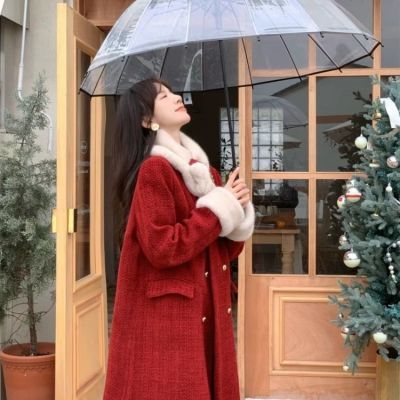冬季新款小香风羽绒内胆外套中长款女圣诞氛围感红色设计感羽绒服