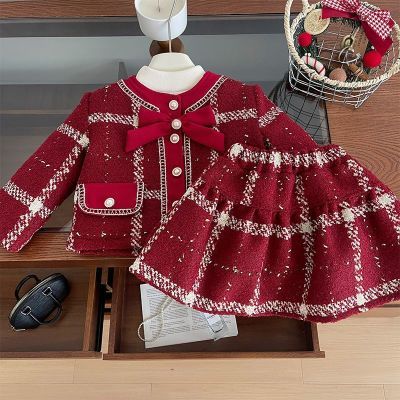 女童小香风格子加绒套装2023冬季新品蝴蝶结红色拜年服洋气两件套