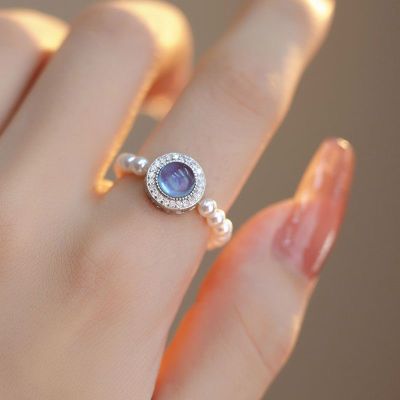 原创设计海蓝宝施家正圆仿珍珠戒指气质个性女生闺蜜520小礼物