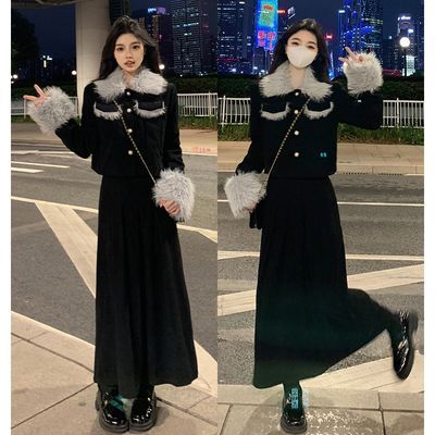 新年战袍赫本风黑色小香风套装裙两件套外套上衣半身裙高级感洋气