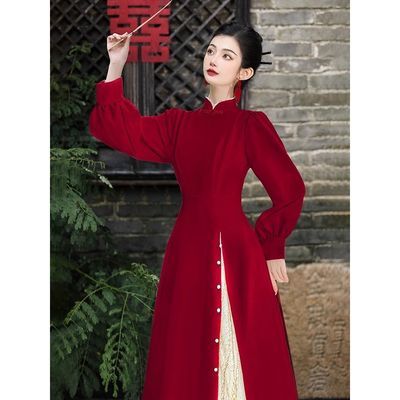新中式国风改良旗袍连衣裙蕾丝拼接长裙结婚登记小礼服仙女裙显瘦