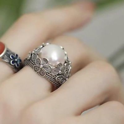 复古花丝镶嵌珍珠戒指S925纯银文艺时尚小众设计花朵高级开口
