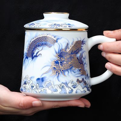 龙年高档描金白瓷茶杯茶水分离杯陶瓷办公室过滤泡茶杯大容量带盖