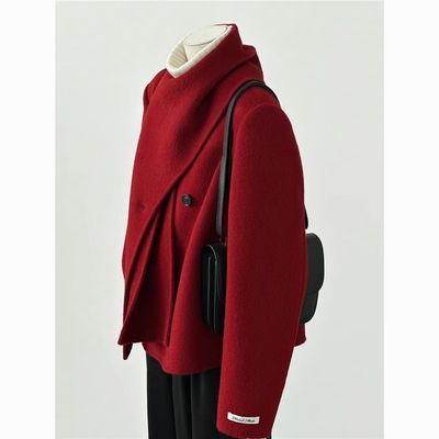 新年战袍红色短款双面羊毛大衣女小个子气质围巾款宽松毛呢外套冬