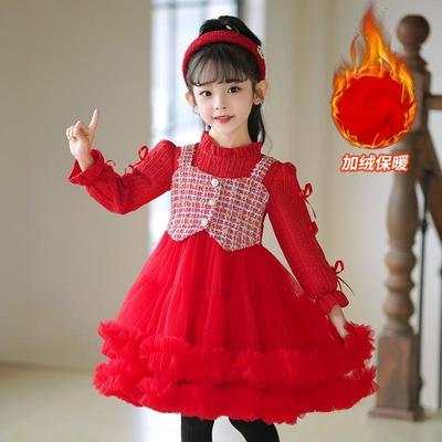 女童红色连衣裙冬季新款洋气儿童网纱公主裙3-13岁女孩加绒裙子