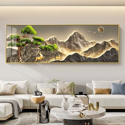 新中式轻奢现代客厅装饰画沙发背景靠山横幅挂画大厅迎客松墙壁画