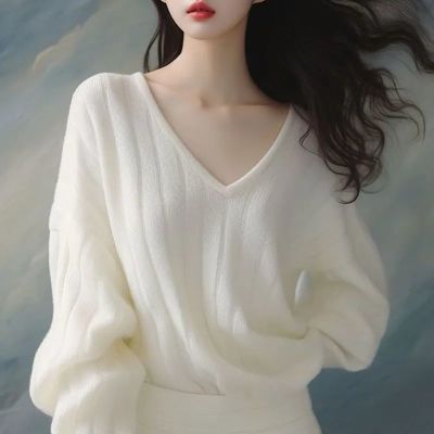 外贸一线品牌大牌尾单剪标女装高级感白色v领毛衣慵懒风软糯针织