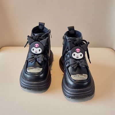 库洛米女童鞋马丁靴2023秋冬季新款靴子儿童加绒短靴女孩黑色皮靴