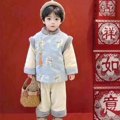 男童冬装套装汉服加绒儿童唐装中国拜年周岁加厚礼服宝宝新年