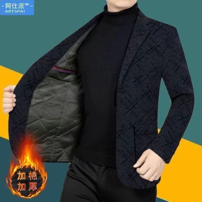 加棉加厚西装外套秋冬季中年男士新款休闲西服高档毛呢加绒爸爸装