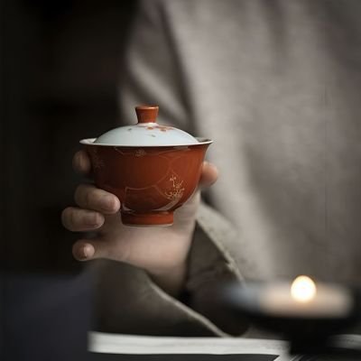 明知山志中式宫廷矾红陶瓷盖碗烫金花海泡茶碗文人手工薄胎茶具