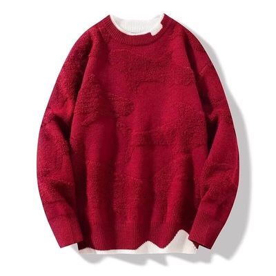 大红色毛衣男冬季圆领针织衫男打底衫本命年内搭假两件保暖毛线衣