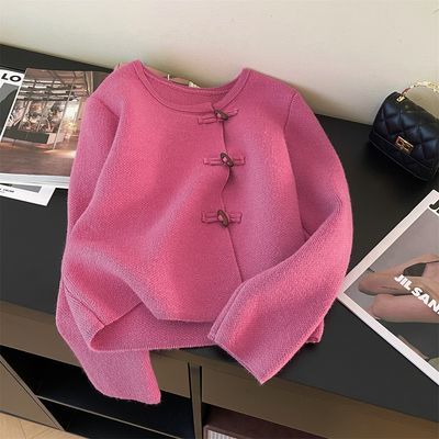 秋冬季新中式毛衣开衫女新款设计感单排扣宽松简约纯色外套