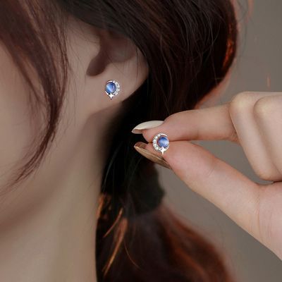 S999足银猫眼石星月耳钉女小众设计感耳环蓝色清晰淑女纯银耳饰品