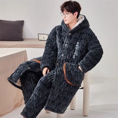 男士睡衣冬季珊瑚绒加厚防风保暖三层夹棉特大码300斤长款睡浴袍
