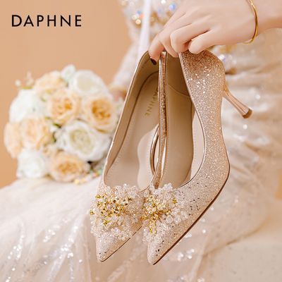 达芙妮水晶高跟鞋女2024新款气质新娘鞋法式婚鞋显高不累脚伴娘鞋
