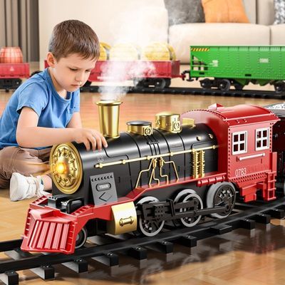 儿童玩具仿真复古蒸汽火车灯光喷雾电动轨道车模型男孩子新年礼物