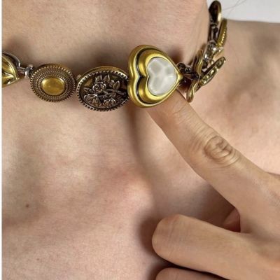 原创中式朋克项链复古黄铜vintage钮扣锁骨