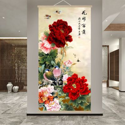 牡丹花开富贵墙壁装饰玄关客厅实木卷轴挂画吉祥简约新中式国风
