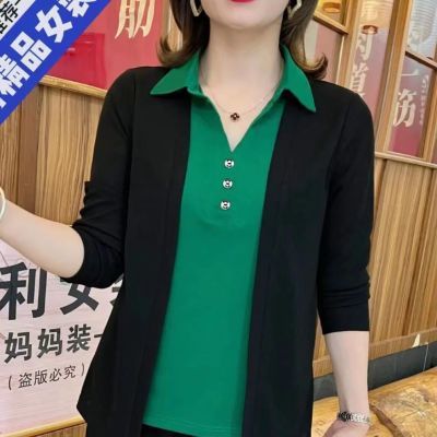 高档假两件上衣秋冬新款宽松遮肚子气质女人味潮妈打底衫时尚衬衣