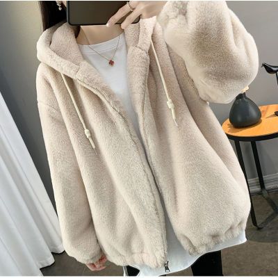 冬季仿兔毛皮草女中长款宽松加厚学生百搭连帽毛绒外套棉服