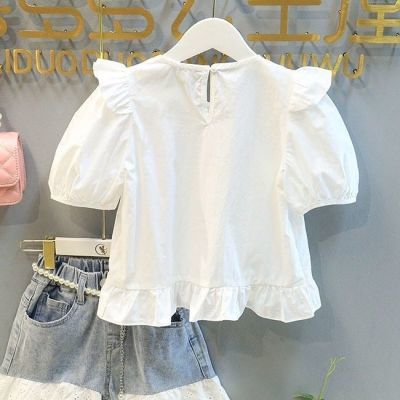 2024女童衬衫夏装新款韩版洋气泡泡袖棉布上衣儿童荷叶边衬衣