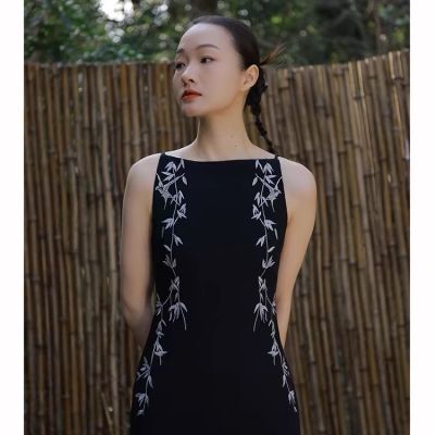 中式新款黑色连衣裙复古法式收腰旗袍气质无袖显瘦吊带裙天内发货