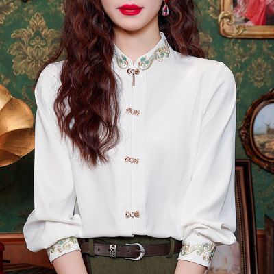 新中式国风刺绣真丝衬衫女早春新款高级感复古盘扣小衫桑蚕丝上衣