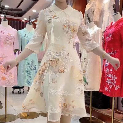 奥黛2024春夏新款旗袍裙改良显瘦中国风遮肉修身中式七分袖连