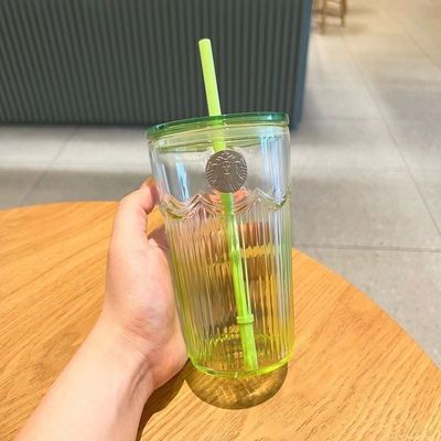 新款杯子音乐狂欢系列473ml绿色立体棱纹玻璃吸管杯随行杯咖啡杯