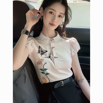 新中式国风女装白色蝴蝶印花短袖t恤2024新款夏季泡泡袖盘扣