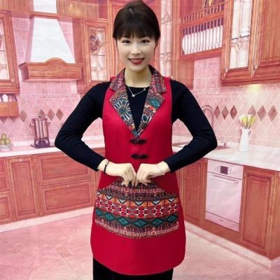 网红款中国风优质复古防水围裙女士妈妈厨房围裙翻领家用民族风