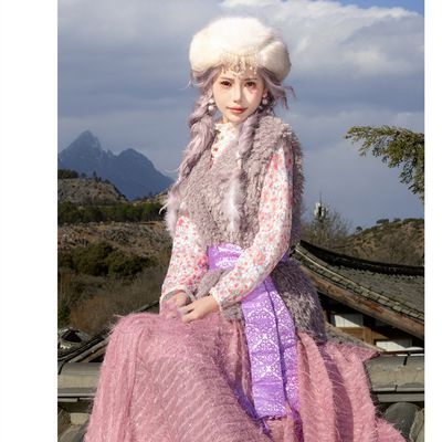 新款藏族服装牧羊女民族风网红羊羔毛马甲旅拍写真演出民族服饰女