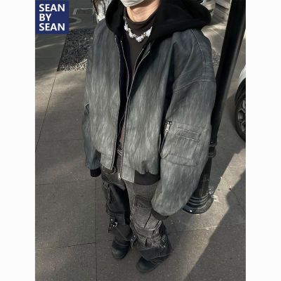 SEANBYSEAN重磅设计假两件连帽皮衣外套男韩版休闲宽松工装夹克潮