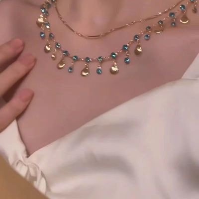 法式贝壳蓝钻项链双层珍珠叠戴复古轻奢时尚高级感锁骨链