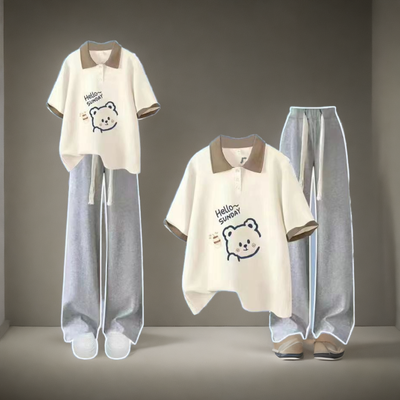 女童2023夏季中大童套装韩版宽松小熊Polo领短袖+阔腿裤两件套