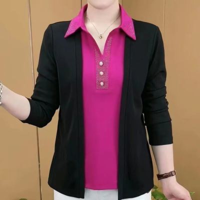 假两件衬衫女长袖春季新款遮肚子上衣气质女人味烫钻中老年妈妈装