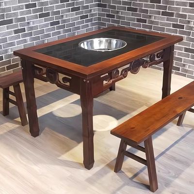 大理石火锅桌子火锅店组合商用实木无烟全套电磁炉串串桌一体两用